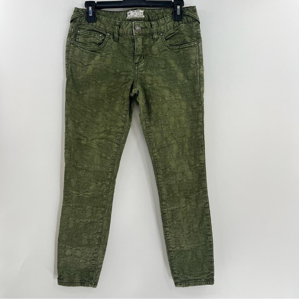Free People Jacquard Skinny Jeans 27 Olive Green Brocade Low Rise Ankle
